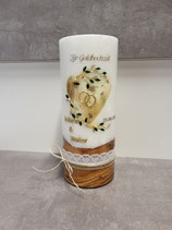 Hochzeitskerze gold Herz mit Holzeinleger und Teelichteinsatz 20x8cm  5015 129