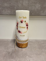 Taufkerze Stumpen 20x8cm mit Holzeinleger und Teelichteinsatz Blumenkranz rosa 5015 44