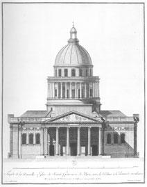 An 18th century engraving of the Church of St Genevieve (the Paris Pantheon) by Soufflot, erected 1757-1790