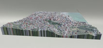 3D-Citymodell in isometrischer Ansicht mit Texturen anhand DOP40 Luftbildaufnahmen, zusammengesetzt aus georeferenzierten Höhenprofilen und Gebaäudescans
