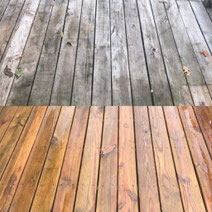Before and after wood deck cleaning.