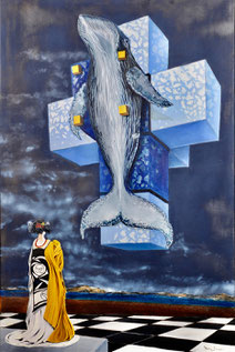 90 x 60    Hommage posthume à Dali sur base de l’ oeuvre Christus Hypercubus La croix est composée, ici, de cubes dont la surface évoque celle de la centrale nucléaire  de Fukushima. Le christ est remplacé par une baleine afin de dénoncer la pêche à la ba