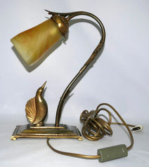 Jugendstil Tischlampe Messing mit Vogel Pâte de verre Glas Vianne gelb H.36,5 cm, € 350,00