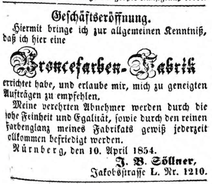 J.B. Soellner. The opening of the factory in 1854. Fürther Tagblatt : General-Anzeiger für Fürth und Umgegend. 1854 [Bavarikon].