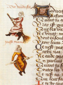 Hexenflug der »Vaudoises« (hier Hexen, ursprünglich Waldenser) auf dem Besen, Miniatur in einer Handschrift von Martin Le France, Le champion des dames, 1451.