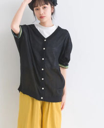 袖裏マルチボーダー 麻タッチニットカーデ 【SALE】3,880円(税込)      