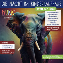 Mit KI erstelltes Bild eines Elefanten für die Nacht im Kinderkaufhaus von MuKK by Thalia. Ausgearbeitet als Content für Instagram und Facebook, von Funkenflug Design