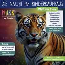 Mit KI erstelltes Bild eines Tiegers für die Nacht im Kinderkaufhaus von MuKK by Thalia. Ausgearbeitet als Content für Instagram und Facebook, von Funkenflug Design