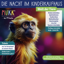 Mit KI erstelltes Bild eines Affen für die Nacht im Kinderkaufhaus von MuKK by Thalia. Ausgearbeitet als Content für Instagram und Facebook, von Funkenflug Design