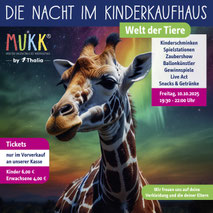 Mit KI erstelltes Bild einer Giraffe für die Nacht im Kinderkaufhaus von MuKK by Thalia. Ausgearbeitet als Content für Instagram und Facebook, von Funkenflug Design