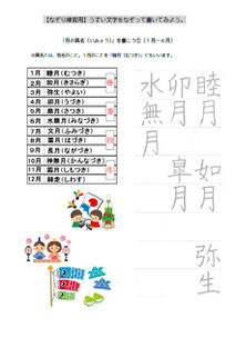 硬筆教材・チャレンジコース、なぞり書き、月の異名