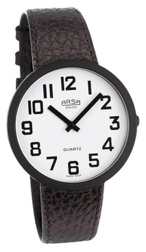 Uhr mit großen, kontrastreichen Stundenanzeigezahlen, weisser Hintergrund, schwarzes Lederband