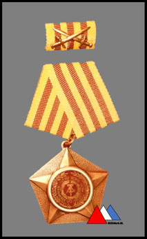 Vorderseite Kampforden"Fur Verdienste am Volk" Band in unterschiedliche Farbtonwerten !!! diese Ausführung  MUSTER 1989-1990 Bronze.