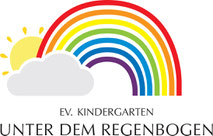 Logo des Evangelischen Kindergartens 'Unter dem Regenbogen' mit einem bunten Regenbogen, Sonne und Wolke.