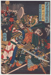 東京 浮世絵 販売 Keikodo Gallery Tokyo Japanese woodblock prints Selection of Bravery Prowess and Famous Combats, Okabe Rokuyata Tadazumi and Satsuma-no-Kami Tadanori