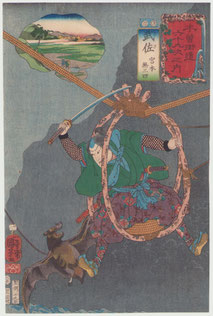 浮世絵　販売　東京 木曽街道六十九次之内　武佐　宮本無三四　宮本武蔵　japanese woodblock prints for sale kuniyoshi warrior print Kisokaido Musashi Miyamoto