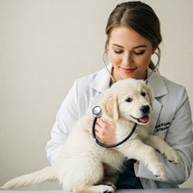 un chiot golden blanc dans les bras d'une vétérinaire qui l'ausculte par coach canin 16 éducateur à rouillac, jarnac, cognac et à domicile