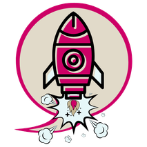 Comic-Illustration einer startenden Rakete in Pink und Beige – Symbol für den Infotainment Booster.