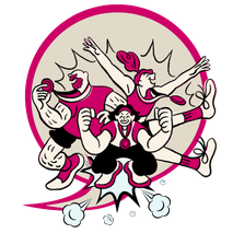Comic-Illustration von drei sportlichen Figuren mit Medaillen in Siegerpose – Symbol für den Team Booster.