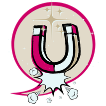 Comic-Stil-Magnet in Pink und Schwarz, umgeben von Sternen und Energieeffekt – Symbol für Anziehungskraft und Strahlkraft des Charisma Boosters.