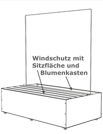 Konstruktions-Skizze Casablanca: Kombination aus Sitzbank, Pflanzmodul und Glas-Windschutz
