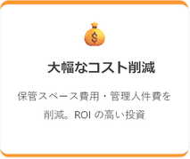 大幅なコスト削減 保管スペース費用・管理人件費を 削減。ROIの高い投資