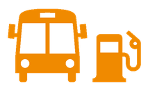 Links ist das Piktogramm eines Buses, rechts das einer Zapfsäule, beides in Orange.