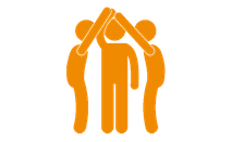 Ein Piktogramm: Drei Mitarbeiter heben die Hand zum High Five. Alle sind orange.