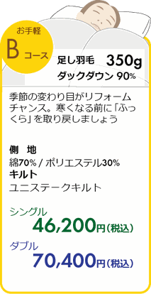 羽毛リフォームB　お手軽コース　足し羽毛350ｇ　シングル44,000円