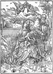 デューラー　3匹のウサギと聖家族　1496年　木版画　wikimediaより