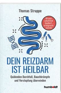 Bild des Covers von "Dein Reizdarm ist heilbar", einem erstmals 2022 im Humboldt-Verlag erschienenem Ratgeber zum Lindern von Reizdarm-Symptomen. Zu sehen sind ein stilisierter Darm, daneben u.a. ein DNA-Strang und verschiedene Darmbakterien. 