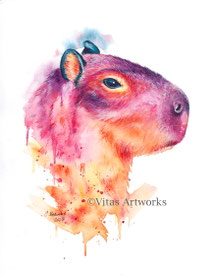 Capybara gemalt mit Aquarell - handgemaltes Tierportrait - Originalkunstwerk