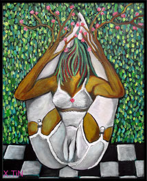 peinture d'une contorsionniste dans un jardin par Xtin