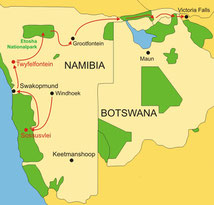 Karte große Rundreise Namibia 16 Tage ab/bis Windhoek