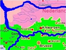 333.000 Jaar terug. Links onder de Schelde, rechts onder de Rupel/Nete, rechtsboven Maas/Waal.