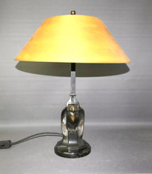 Jugendstil Tischlampe "Eule" Bronze Frankreich goldfarbener Schirm H. 56,0 cm, € 650,00