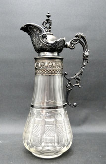 Glas Karaffe Historismus Hallberg Schweden Montur Neusilber Wein Kanne H. 34 cm, € 750,00