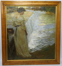 CARL PIEPHO 1869-1920 Jugendstil Frau am Wasser Wehr Öl auf Leinwand 69x65,0 cm, € 2750,00