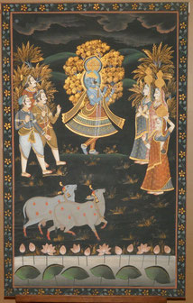 Große indische Seidenmalerei, Krishna, Heilige Kühe, 137,0 cm x 86,0 cm, € 550,00