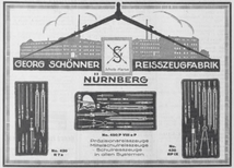 In the mid 1920s Schoenner was producing flat, round and Swiss pattern drawing instruments. [Bayerisches Landes-Adressbuch 1926. GenWiki / BLF-Bibliothek Augsburg].  