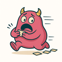 Das Sitzungsmonster läuft vor den Cheatcards davon. Das Monster ist ein Blobähnliches Wesen mit Hörnern und schaut hier entsetzt mit aufgerissenen Augen.