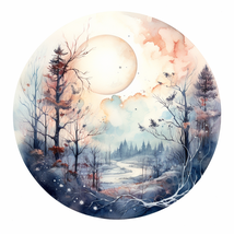 Runde Wasserfarben Illustration von einem weissen Mond an einem weissen Winter Himmel, unten ist ein Fluss und Bäume ohne Blätter in Blau Violett orange und rot