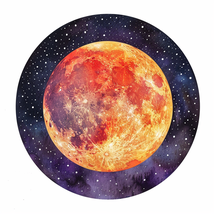 Eine runde Wasserfarbe Illustration von einem grossen orange roten violetten Vollmond vor einem violetten Sternenhimmel