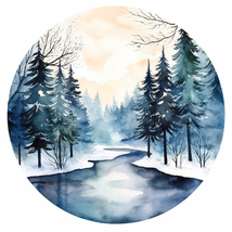 Runde Wasserfarbe Illustration von einem Fluss in einer Winterlandschaft am Unfter stehen grosse Eichen und andere Bäume in Blautönen gehalten und gelblicher Himmel