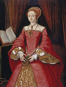 Elisabeth I in jungen Jahren, vermutlich William Scrots, Public domain, via Wikimedia Commons - Tudor French Hood Haube