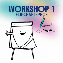 Eine animierte Flipchart und Stifte sind zu sehen. Die Überschrift lautet: Workshop 1 Flipchart-Profi.