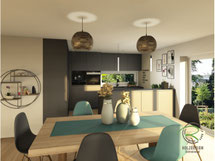 Fotorealistische Küchenkonzeptplanung in grau für Schreinerküche in der Nähe Radolfzellt, mit raumhohen Hochschränken, erhöhte Theke zum Esszimmer hin, mit erhöhtem Geschirrspüler, Einbaukaffeemaschine u. Backofen