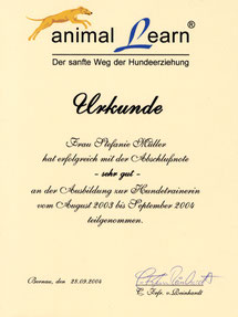 animal learn: Urkunde Ausbildung Hundetrainerin Stefanie Graf (geb. Müller)