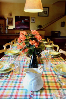 long table, settings, tovaglia a quadri, villa, Casafredda, Arezzo, Toscana, Tuscany, Italy