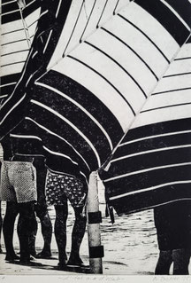Kunstbehandlung Male Figure Wandbild Originalkunst Italien Männerbeine unter Sonnenschirm 